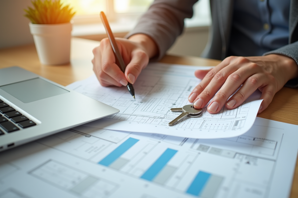 Mains tenant des documents fiscaux et clés de maison avec plans de renovation