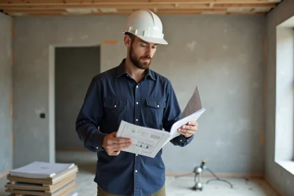 Entrepreneur en bâtiment consultant un classeur de planification de rénovation dans un chantier intérieur en cours