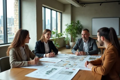 Équipe immobilière RSE réunie autour d'une table de réunion avec des plans et des rapports de développement durable dans un bureau moderne
