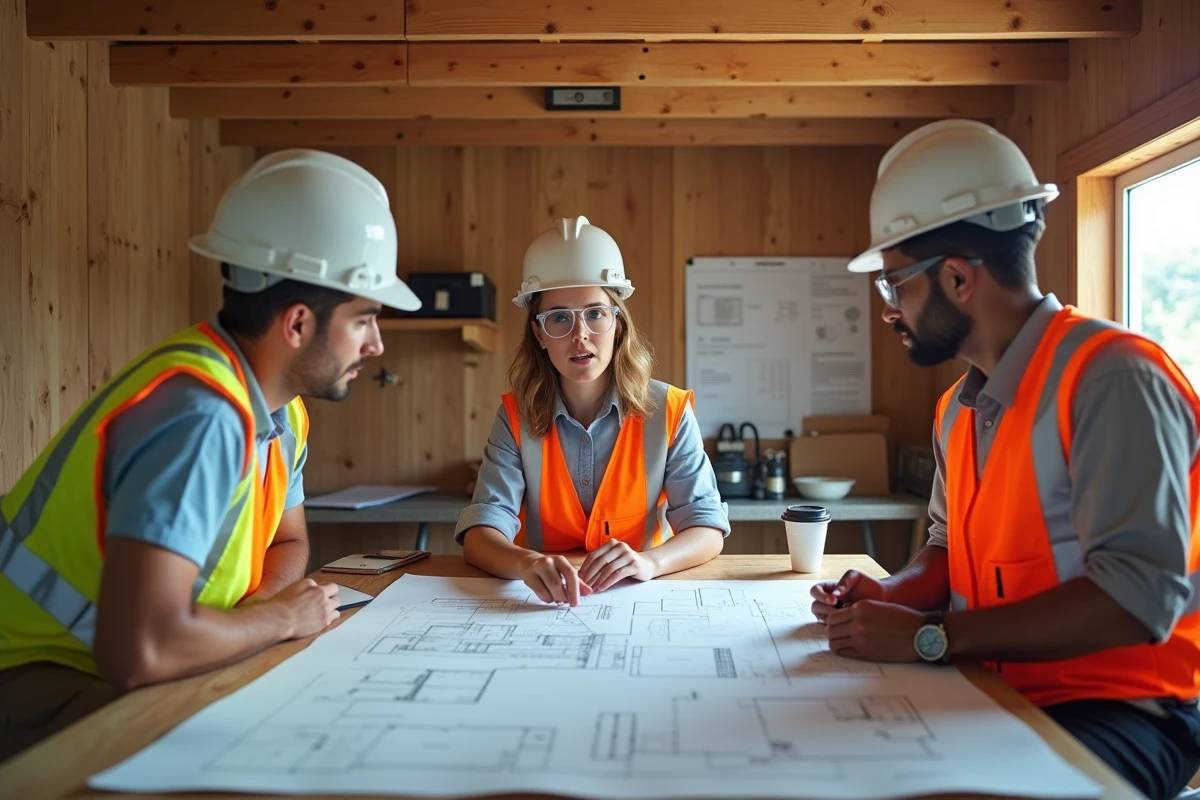 Équipe de professionnels du bâtiment étudiant des plans de construction dans un bureau de chantier, représentant la coordination d'un projet immobilier