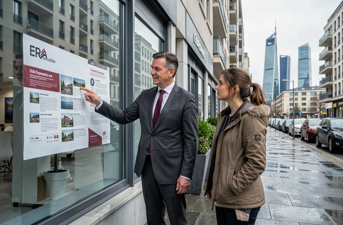 Conseiller ERA Immobilier Courbevoie présentant une annonce en vitrine à des clients avec les tours de La Défense en arrière-plan