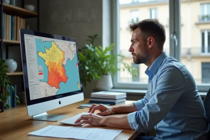 Architecte consultant la carte géorisque ERRIAL sur un écran d'ordinateur pour réaliser un diagnostic ERP immobilier dans un bureau moderne