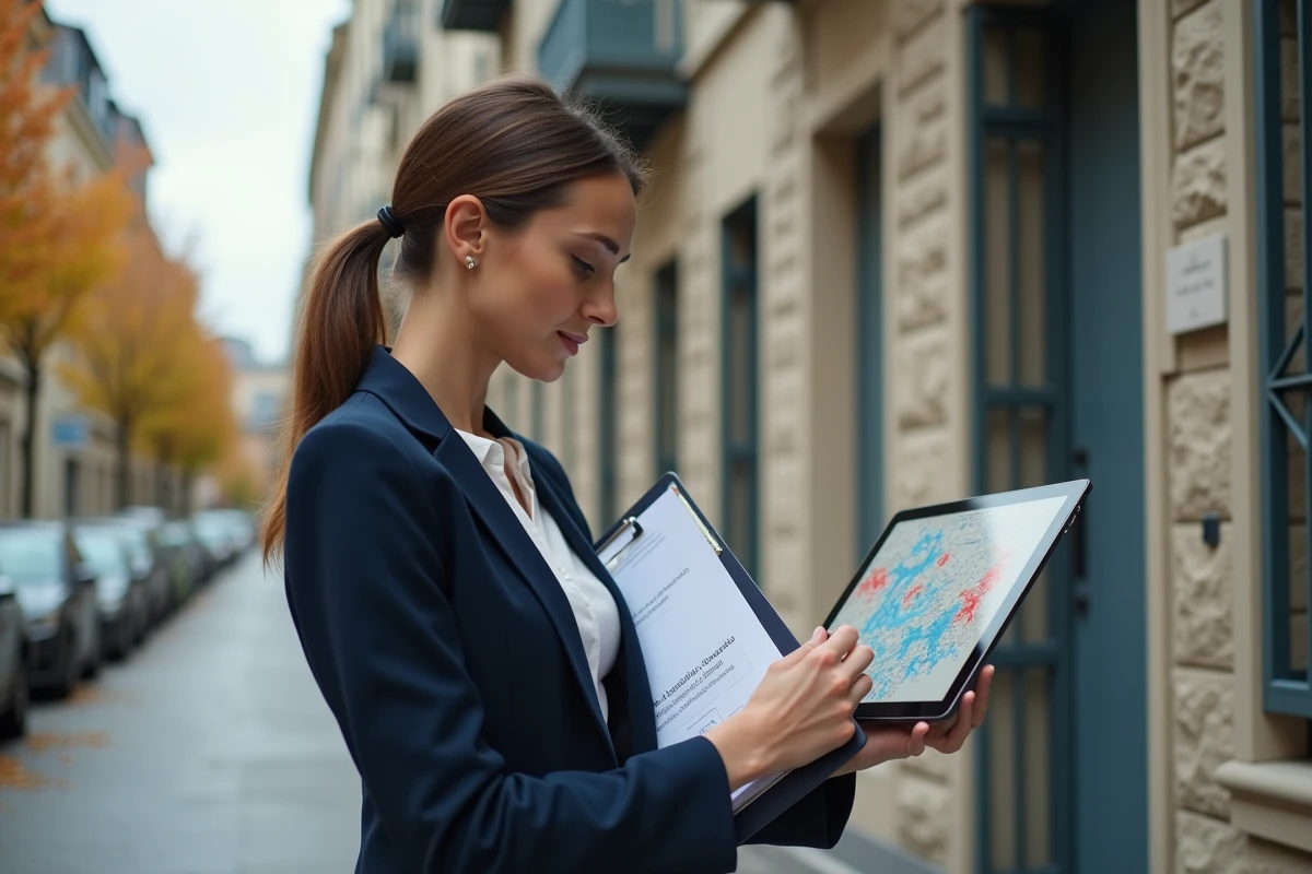 Diagnostiqueur immobilier consultant l'outil ERRIAL géorisque sur tablette devant un immeuble pour établir un état des risques ERP