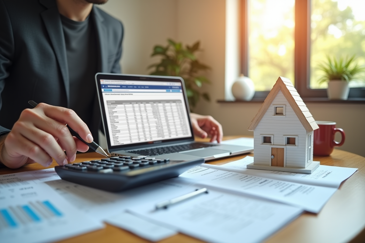 Espace de travail organisé avec ordinateur et maison miniature pour calculs d'impots