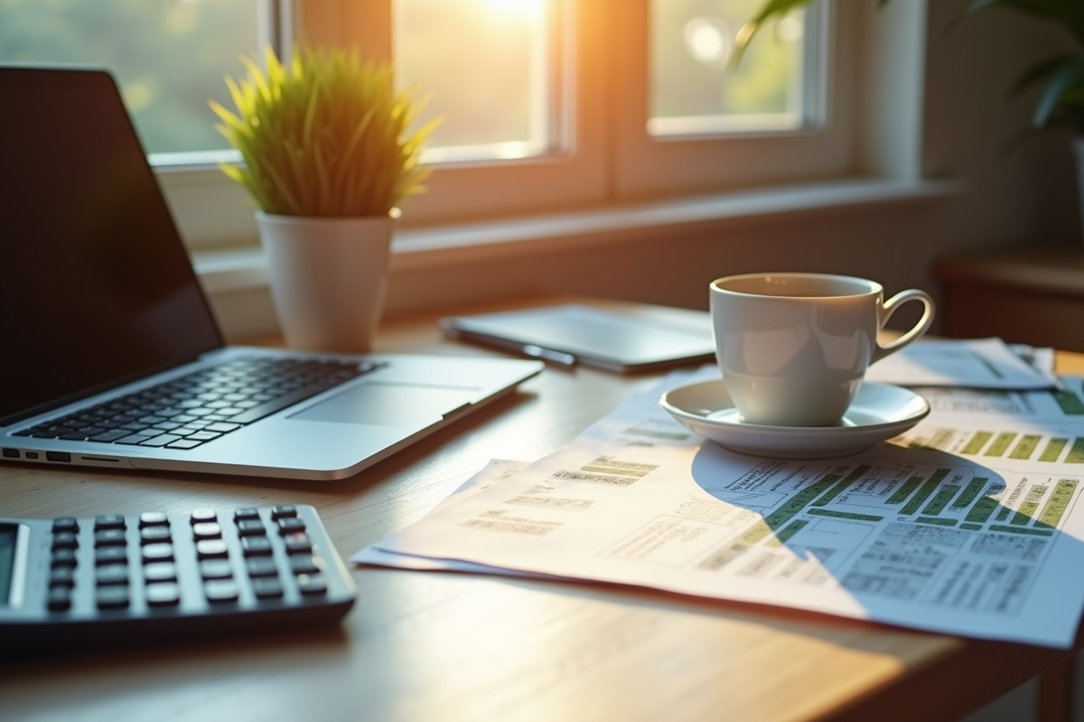 Espace de travail avec ordinateur et brochures immobilières