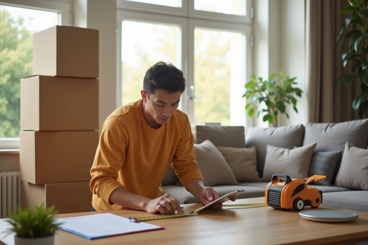 Personne utilisant mètre ruban et tablette pour estimer volume cartons