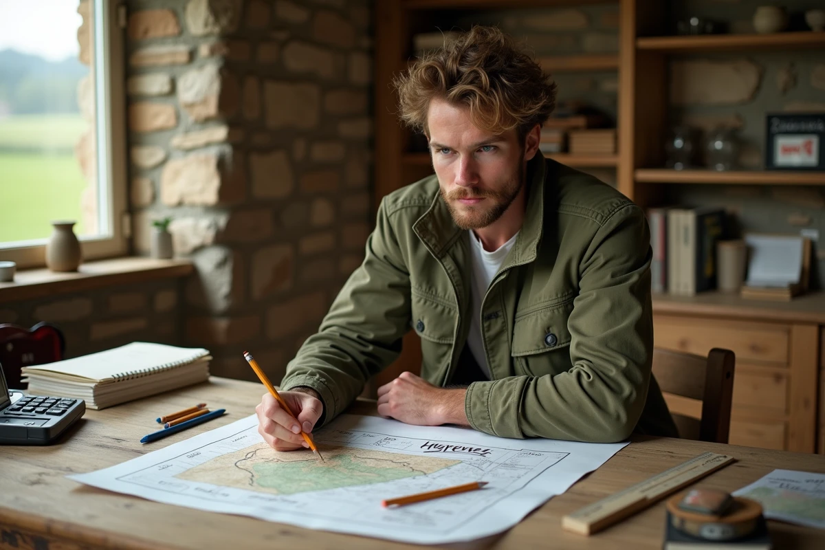 &Eacute;tudiant en agronomie &eacute;tudiant une carte topographique avec des mesures en hectares dans un bureau de ferme