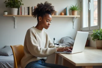 Étudiant concentré travaillant sur son ordinateur dans un studio moderne