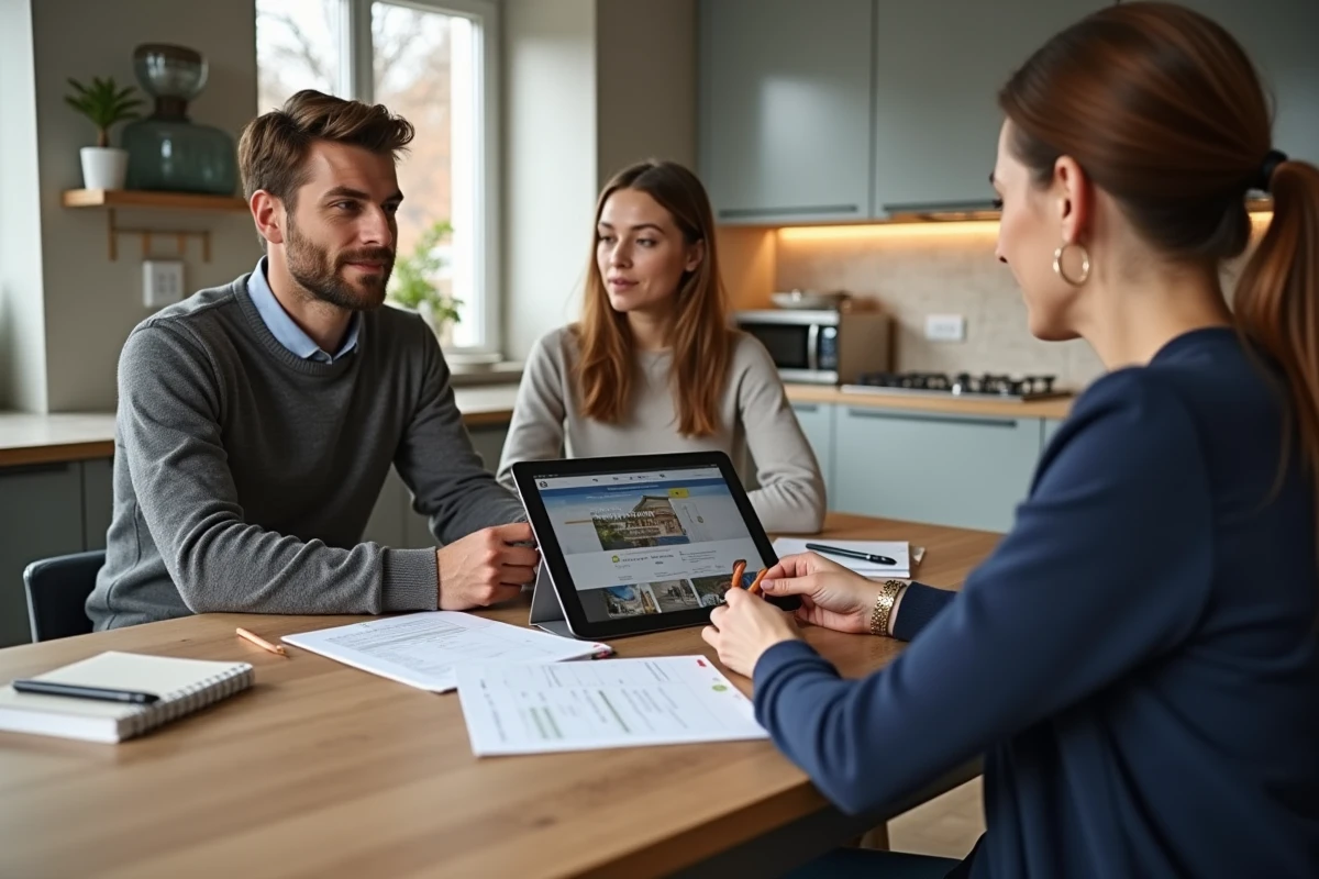Jeune couple recevant une estimation immobiliere dans leur cuisine