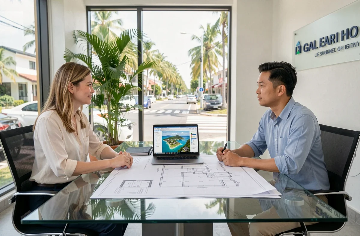 Couple d'expatriés discutant d'un achat immobilier via une société à Koh Samui avec un agent local