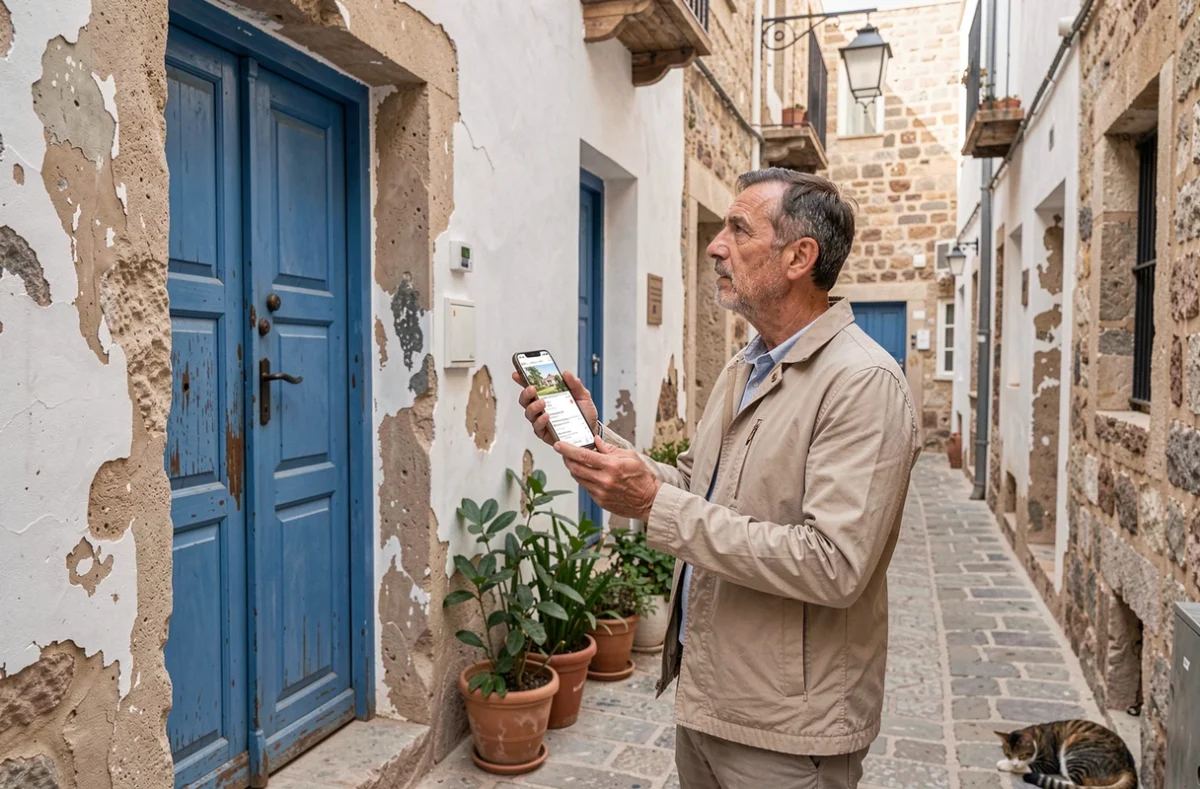 Expatrié consultant une annonce immobilière en ligne devant une porte de riad typique dans la médina d'Essaouira