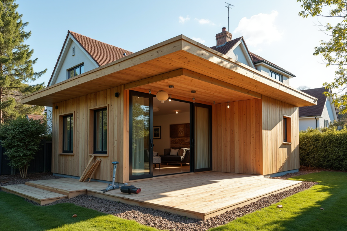 Petite extension en bois moderne ajoutée à une maison classique