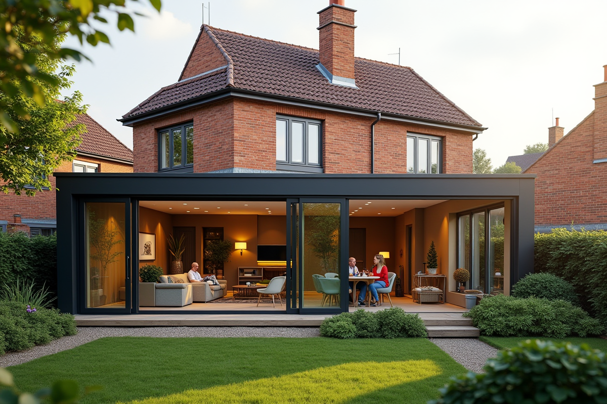 Extension modulaire prefab attachée à une maison en briques dans un quartier résidentiel