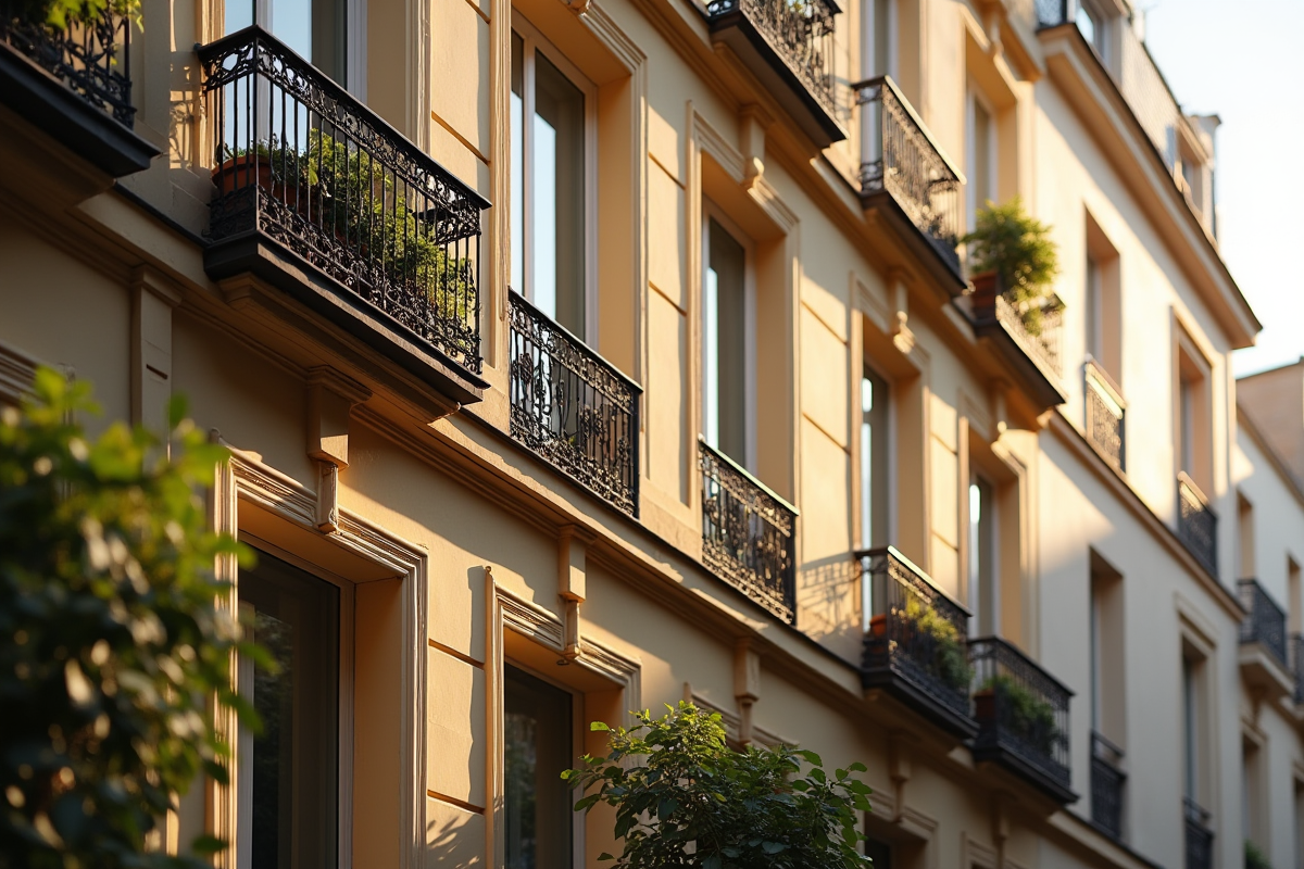 Façade d'un appartement parisien avec soleil matin et balcons en fer