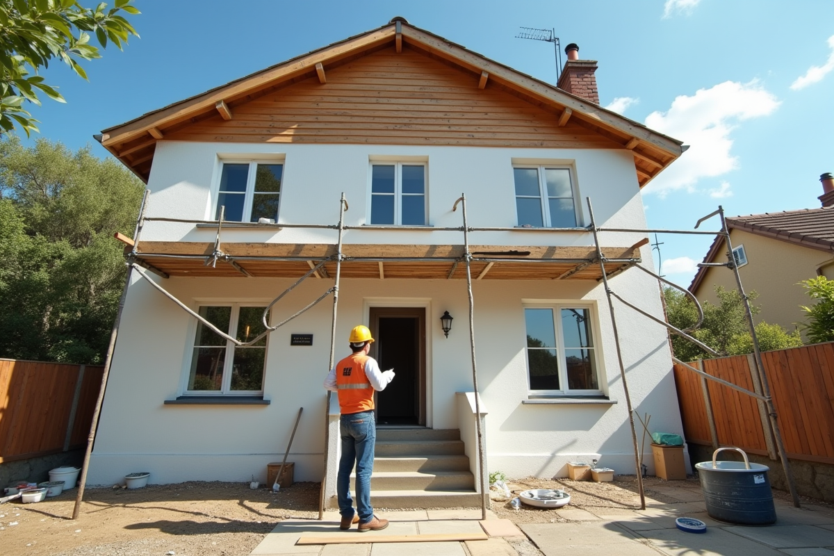 Façade de maison rénovée avec échafaudage et ouvrier