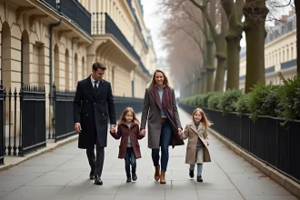 Famille aisée se promenant dans le 16e arrondissement de Paris le long d'un boulevard haussmannien