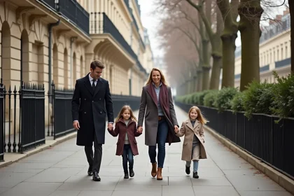 Famille aisée se promenant dans le 16e arrondissement de Paris le long d'un boulevard haussmannien
