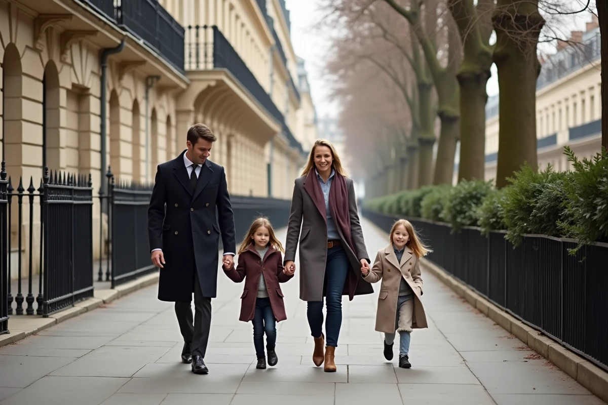 Famille aisée se promenant dans le 16e arrondissement de Paris le long d'un boulevard haussmannien