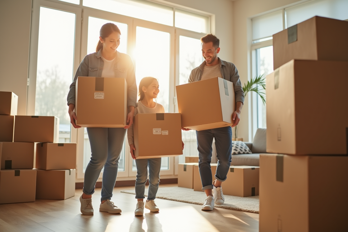 Famille heureuse portant des cartons dans une salle lumineuse
