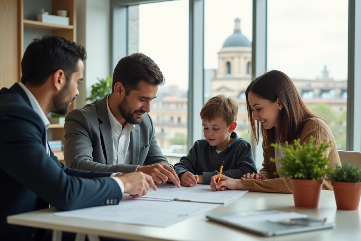 Famille et conseiller immobilier discutant dans un bureau moderne