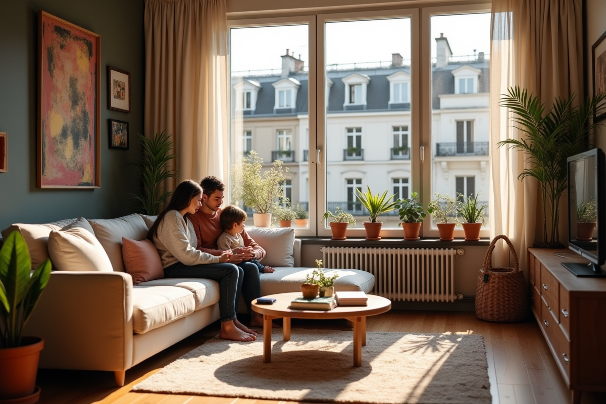 Famille parisienne dans leur appartement moderne et lumineux