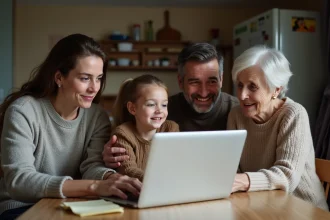 Famille multigeneration autour d'un ordinateur pour la recherche de logement