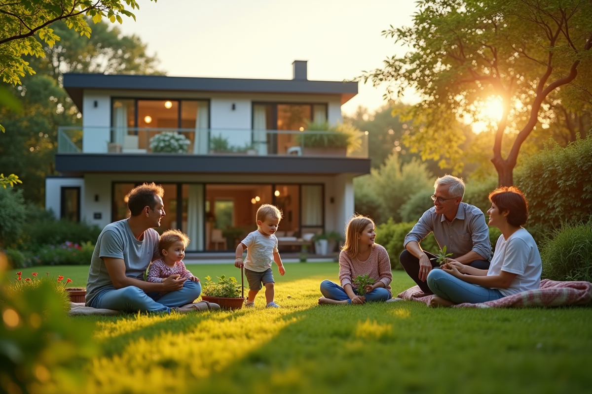 Familles et personnes relaxant dans un jardin moderne en banlieue