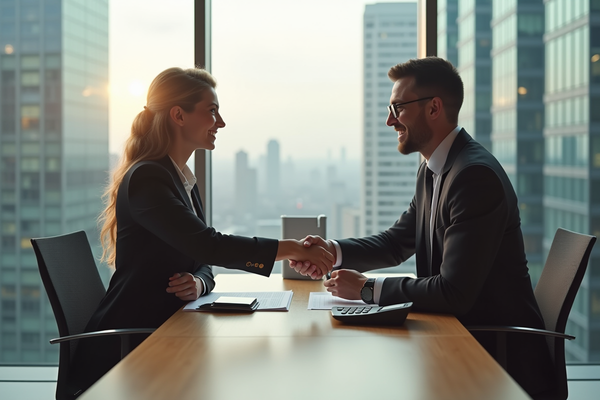 Femme d'affaires et banquier se serrant la main devant un bureau moderne