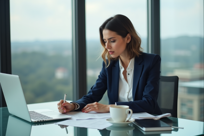 Femme d'affaires en costume bleu examinant des documents de crédit