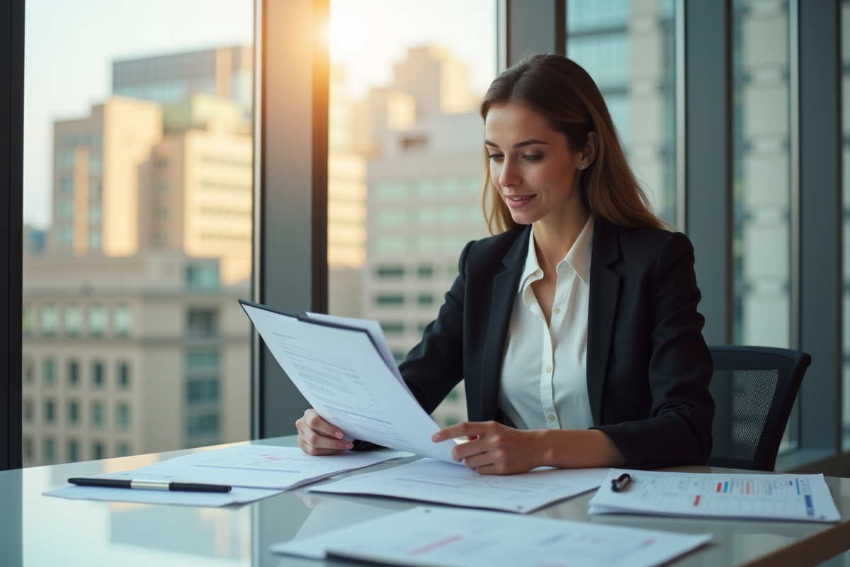 Femme d'affaires confiante analysant des documents immobiliers