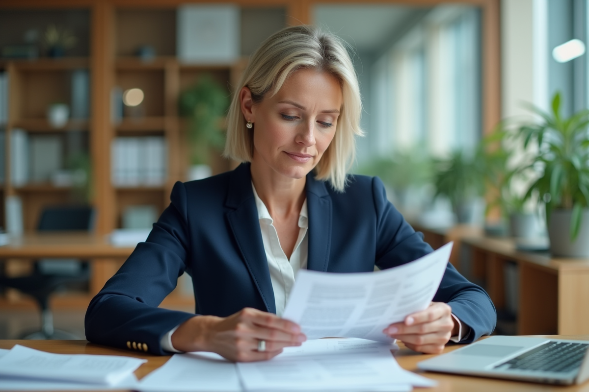 Femme d affaires en costume bleu examine des documents dans un bureau moderne