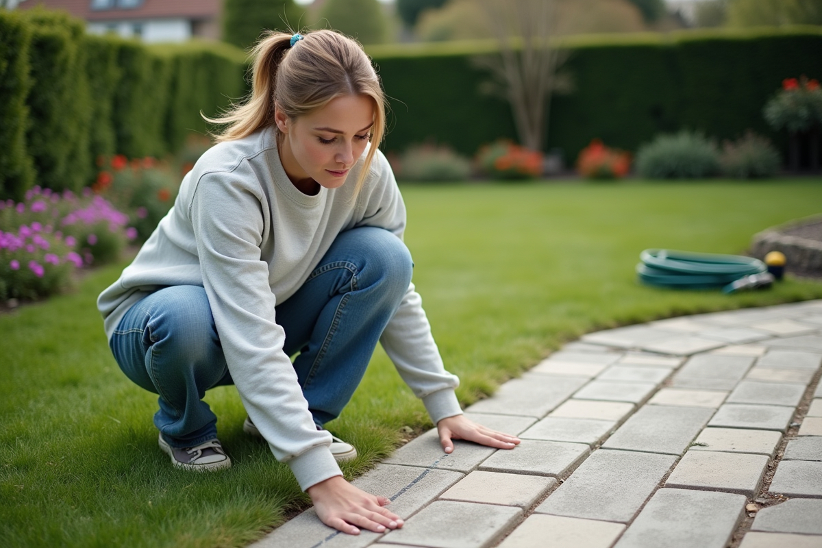 Femme posant des dalles dans le jardin avec outils et pelouse