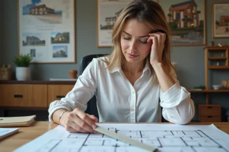 Femme étudie un plan au bureau immobilier