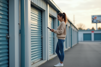Jeune femme examinant une tablette devant un centre de stockage
