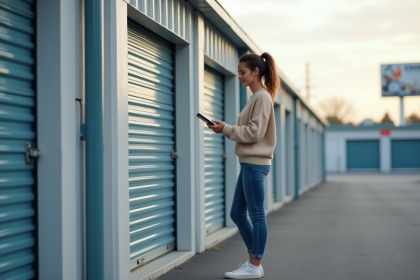 Jeune femme examinant une tablette devant un centre de stockage