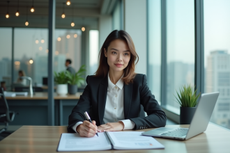 Femme d'affaires examinant des documents de prêt immobilier