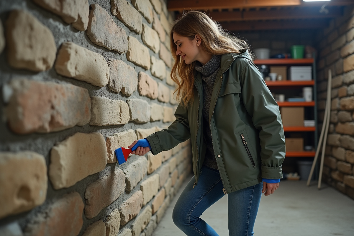 Jeune femme appliquant imperméabilisant sur mur en pierre