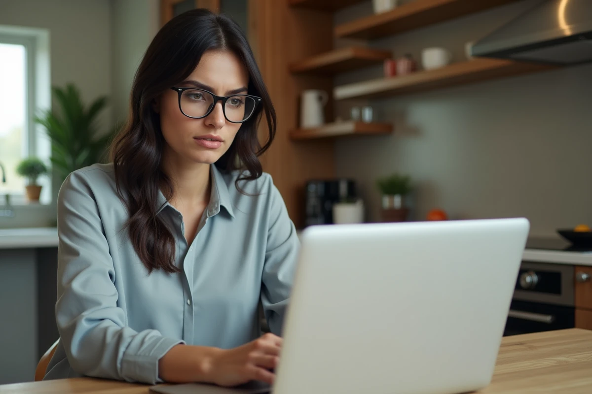 Femme concentrée utilisant un ordinateur portable dans une cuisine moderne