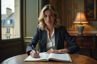 Femme en blazer dans un appartement parisien ancien