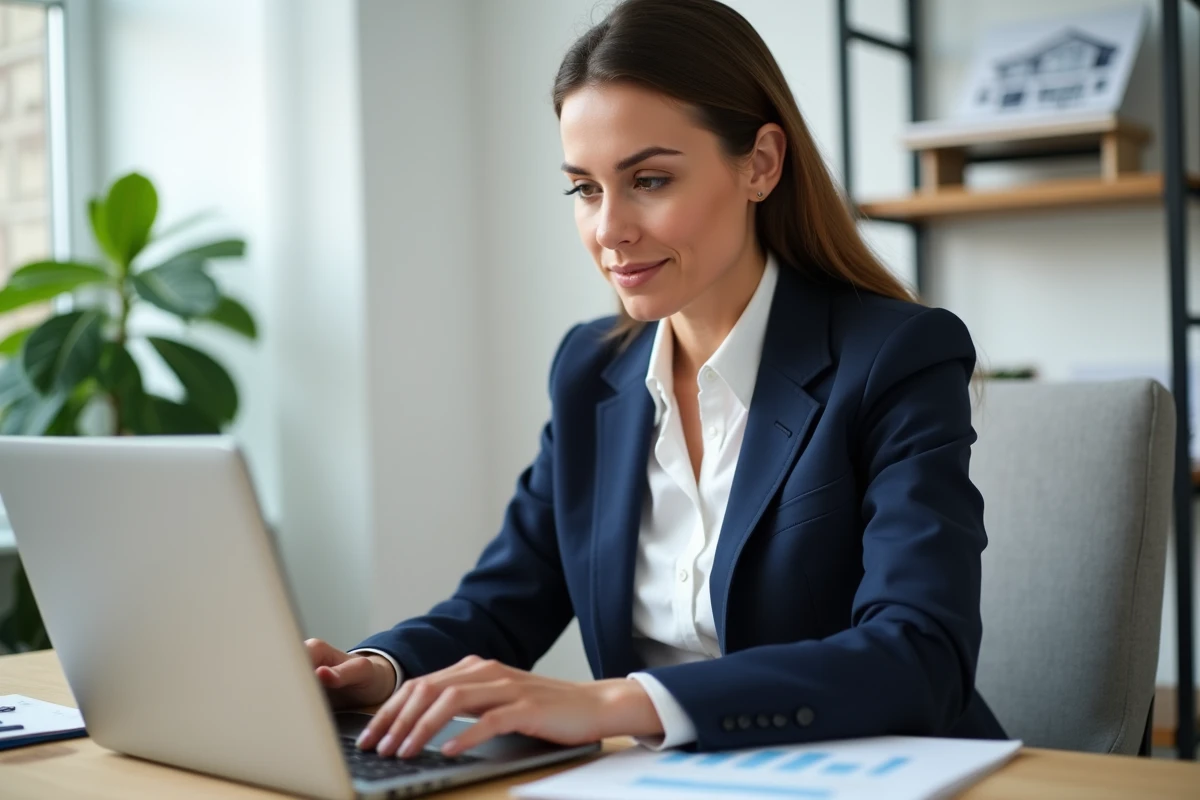 Femme professionnelle consultant un logiciel d'estimation immobilière sur ordinateur portable dans un bureau moderne