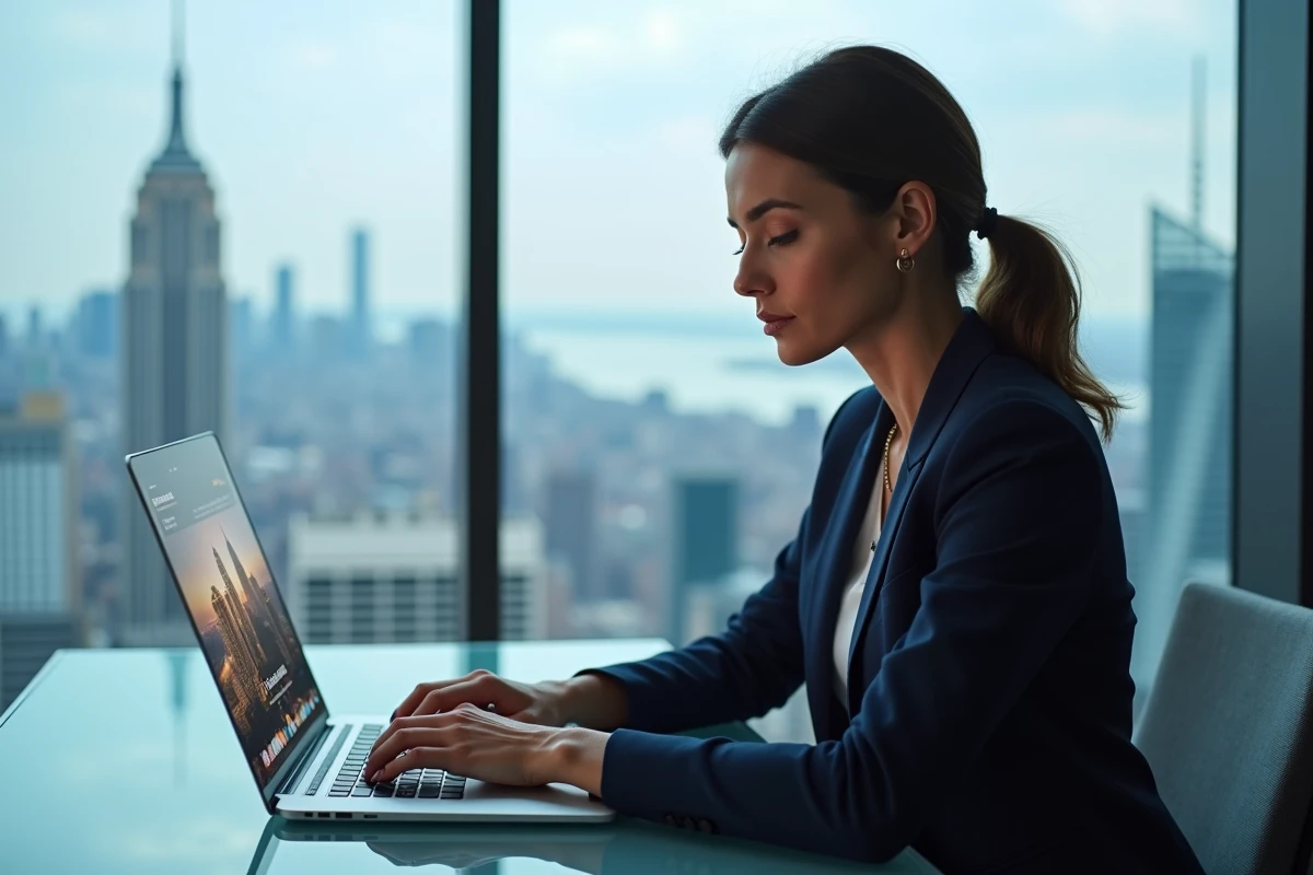Femme consultant un portail immobilier de prestige sur ordinateur dans un bureau moderne avec vue panoramique sur la ville