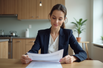 Femme lisant un contrat de location dans une cuisine lumineuse