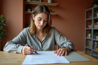Femme relisant un contrat de location avant d'envoyer un préavis de résiliation