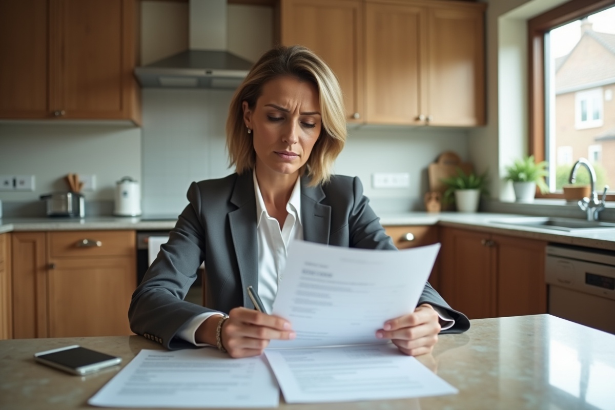 Femme examinant un contrat de prêt immobilier dans la cuisine