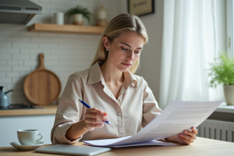 Jeune femme d affaires examine des documents de location