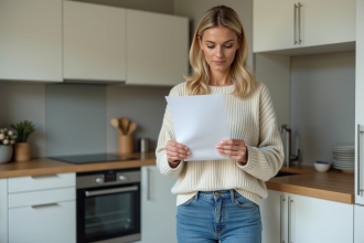 Femme d'âge moyen vérifiant une facture dans une cuisine moderne