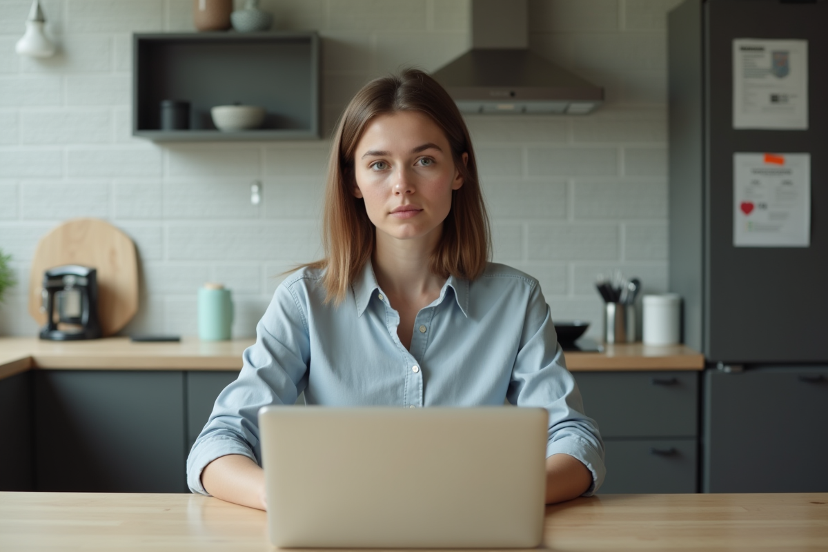 Jeune femme travaillant sur son ordinateur dans une cuisine moderne