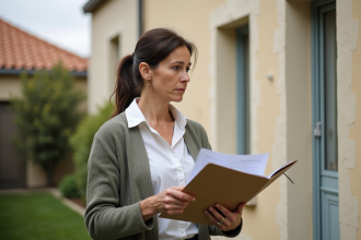 Femme d'âge moyen tenant un dossier devant une maison en France