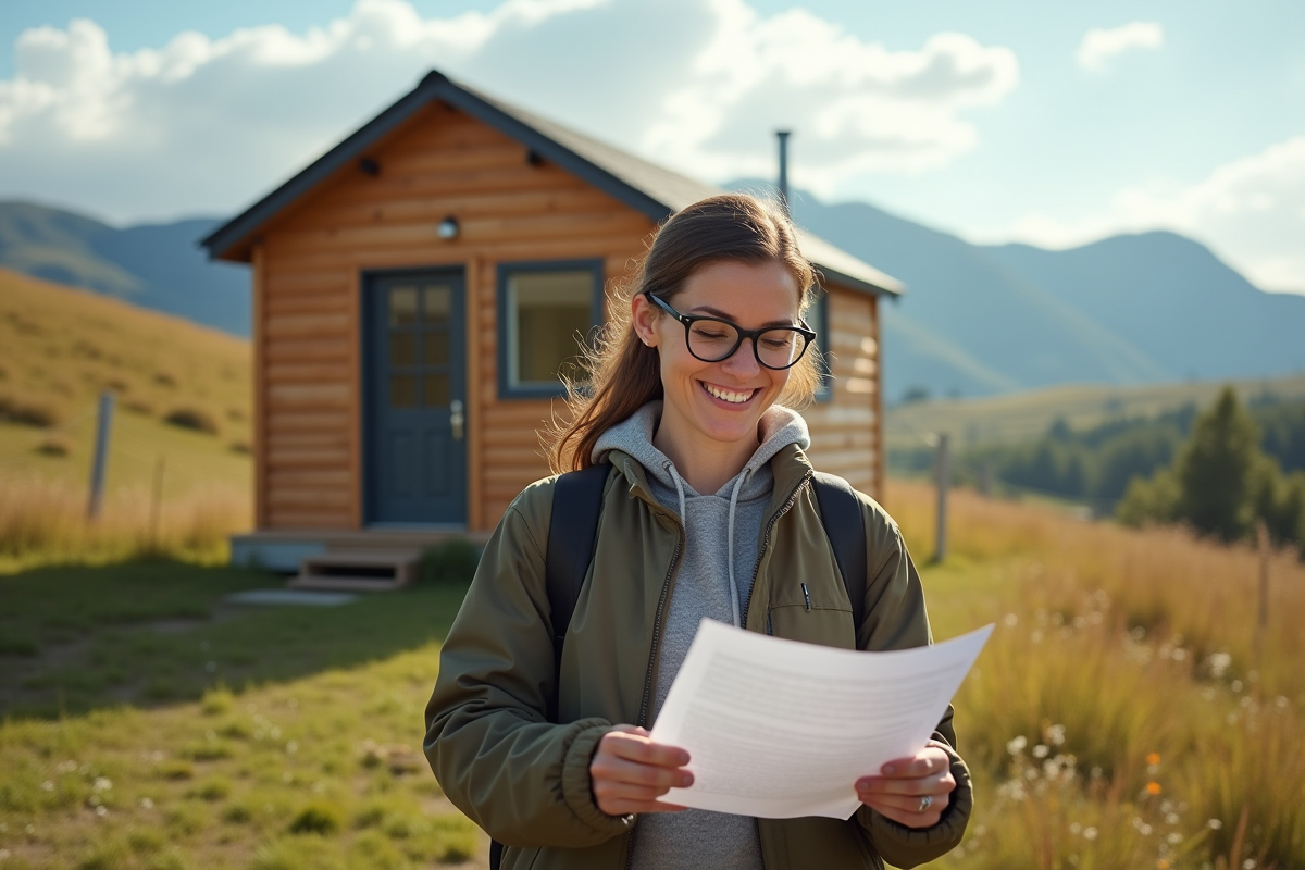 Femme souriante examinant des documents près d'une tiny house en pleine nature