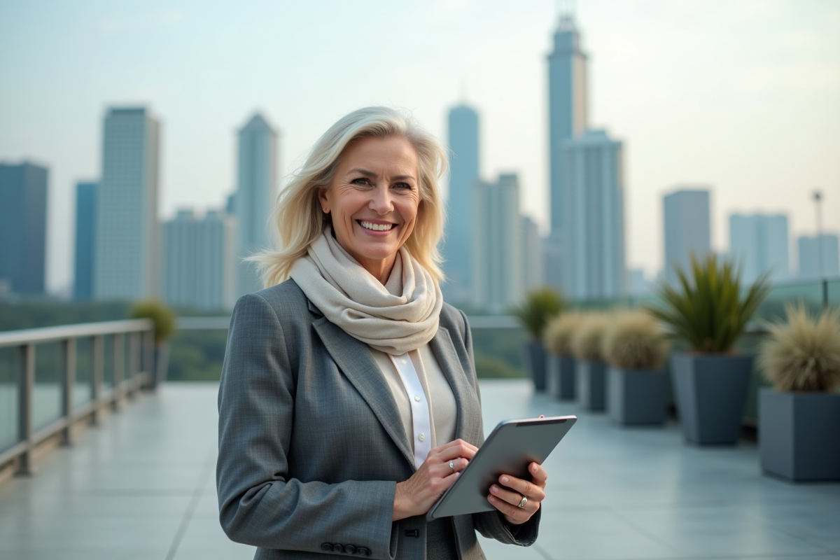 Femme professionnelle avec tablette sur toit urbain